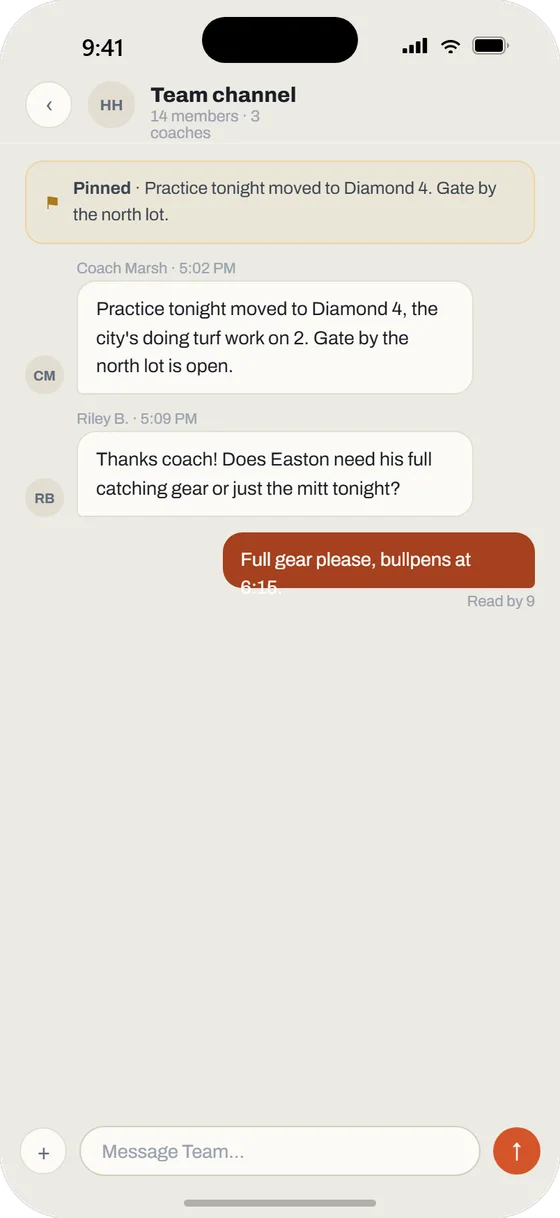 Dugout Report mobile app: team chat channel