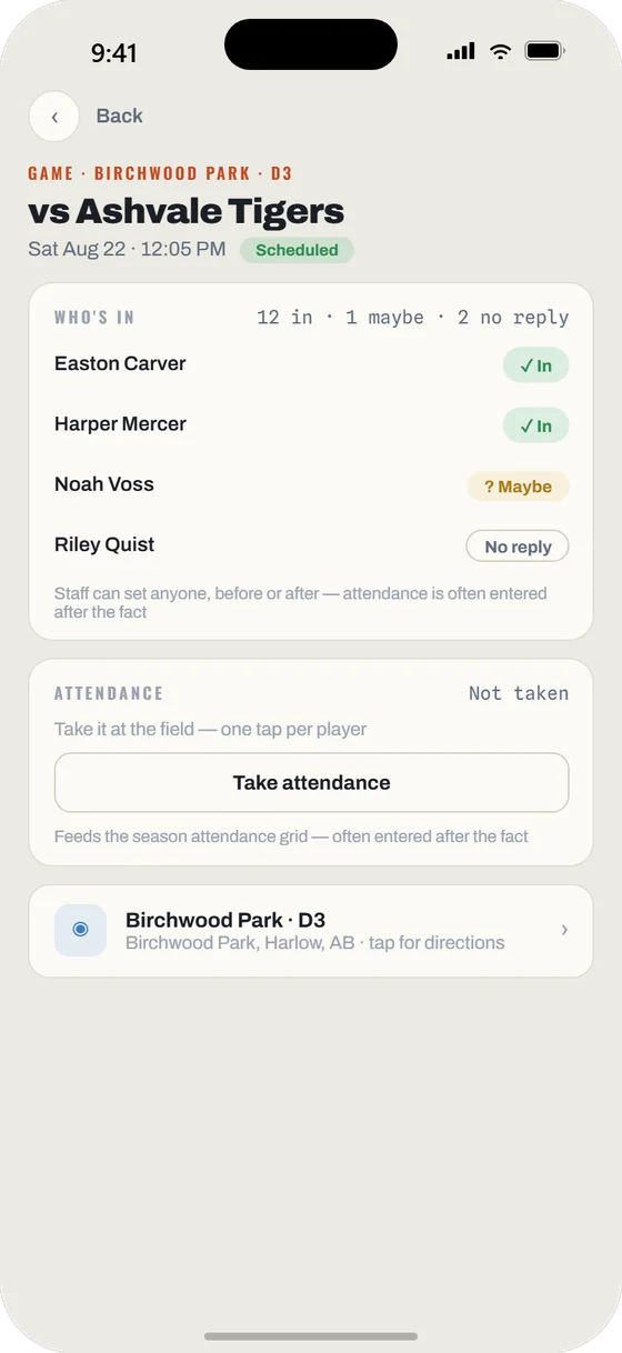 Dugout Report mobile app: game details with attendance and who is in