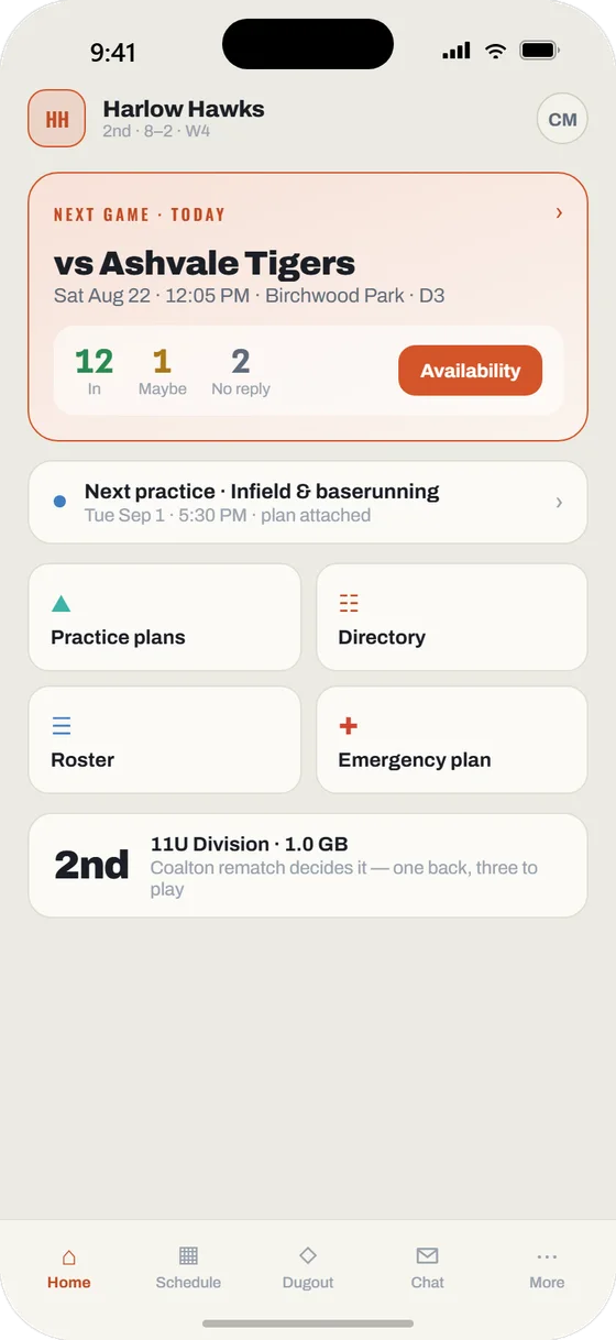 Dugout Report mobile app: team home screen with the next game and availability
