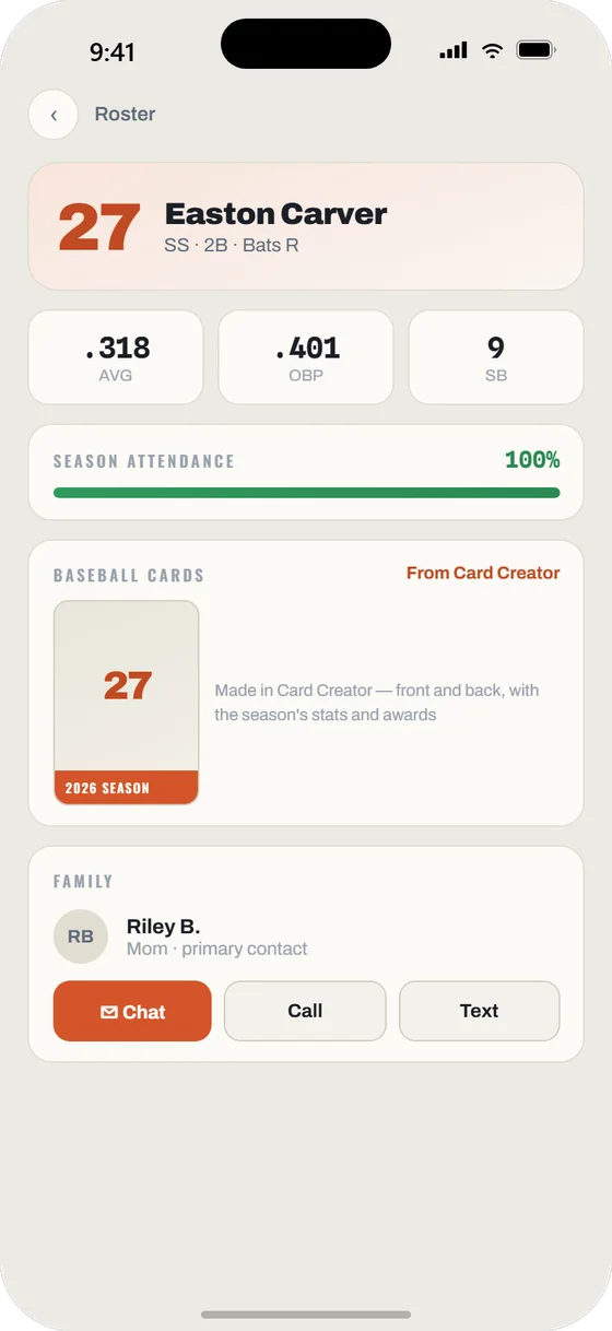 Dugout Report mobile app: player profile with stats, attendance, and baseball card