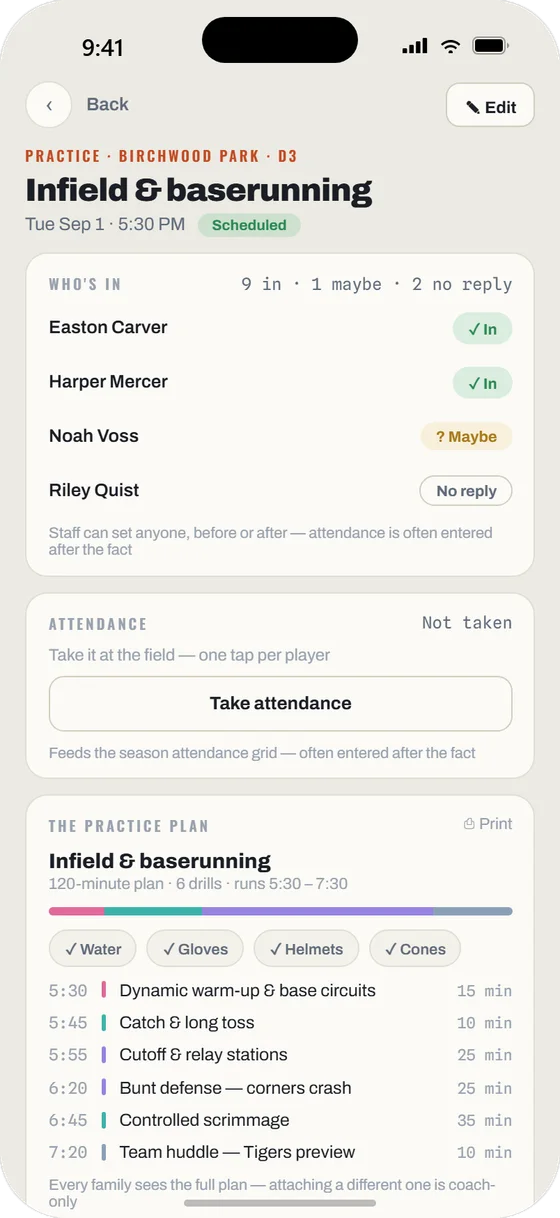 Dugout Report mobile app: practice plan with timed drills and gear list