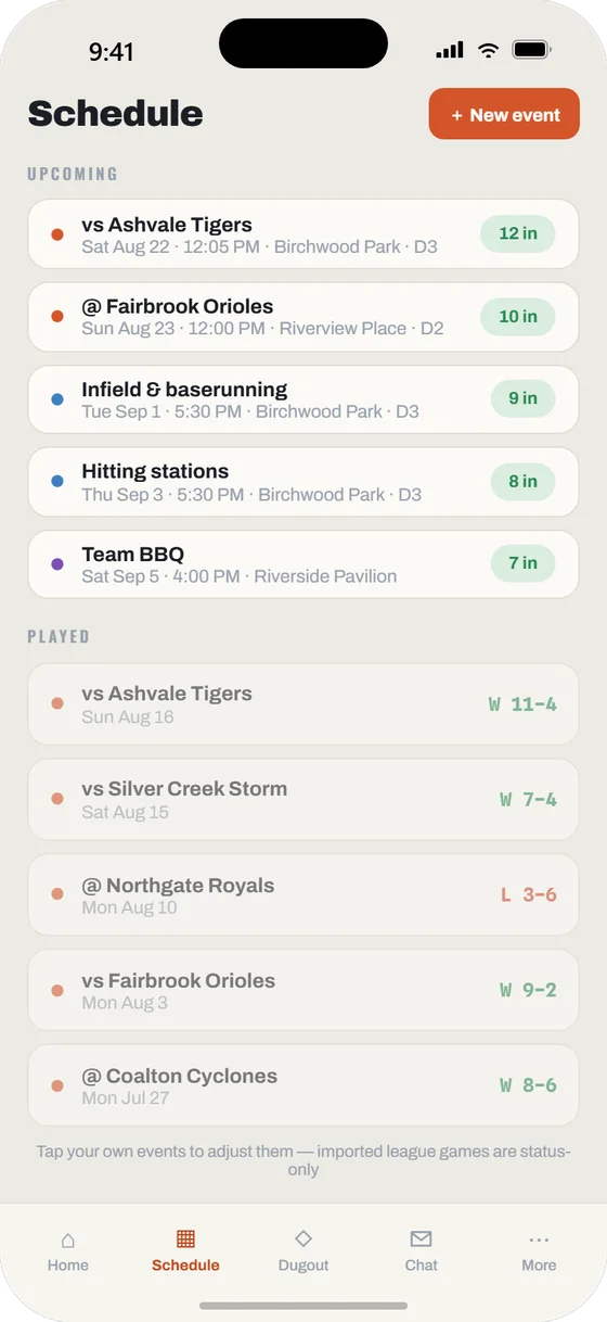 Dugout Report mobile app: season schedule with upcoming games and results