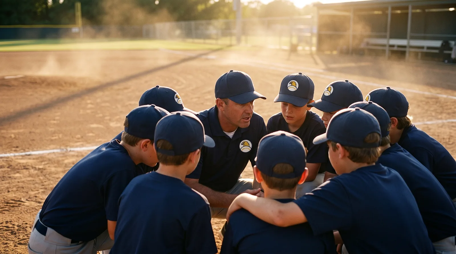 A coach crouched in the middle of his huddled team on the diamond at golden hour