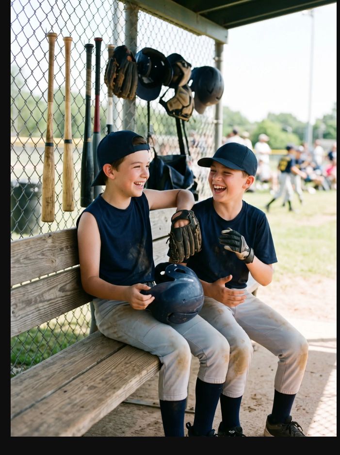 Two teammates laughing on the dugout bench