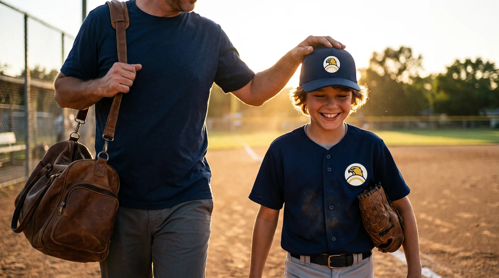 A parent ruffling their grinning ballplayer's hair as the two walk off the field after a game