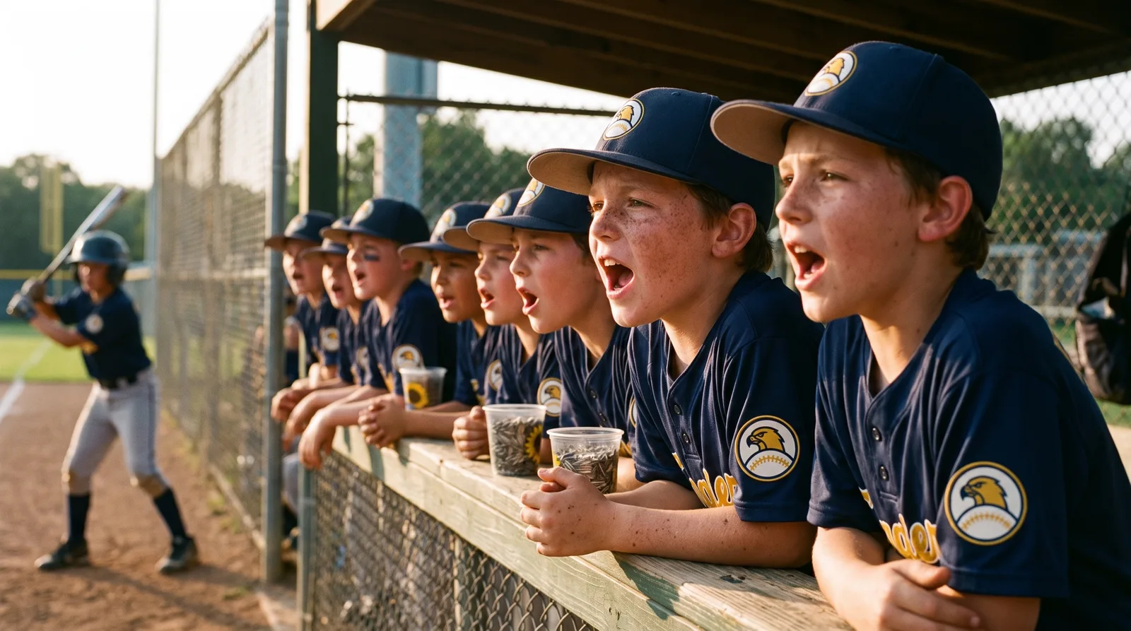 Players leaning on the dugout rail mid-cheer while a teammate bats at golden hour