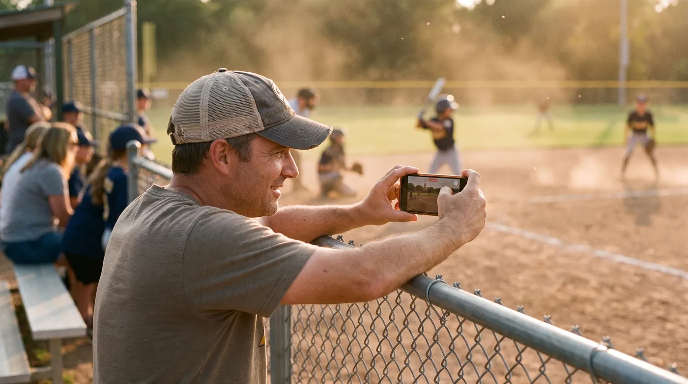 A parent at the fence rail holding a phone sideways, recording the game at golden hour