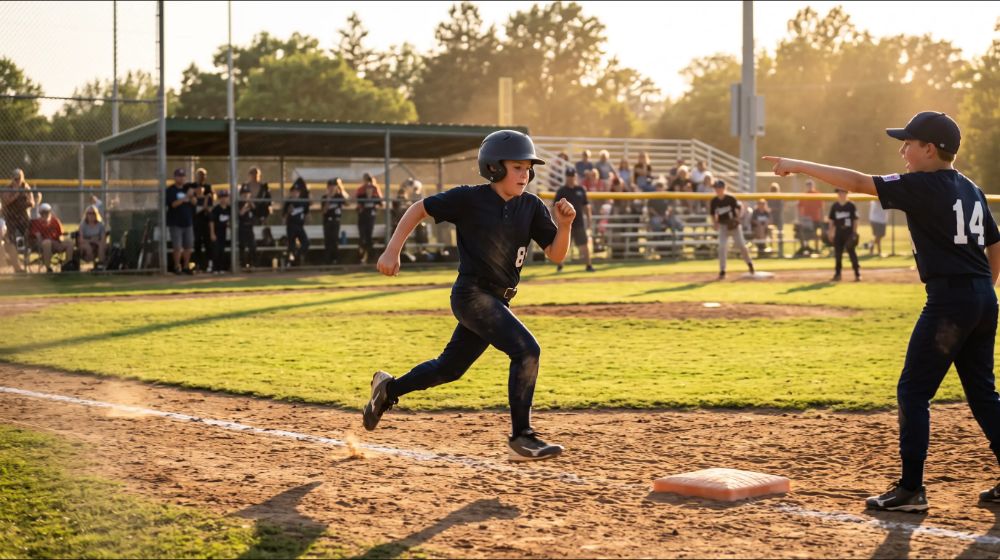 Featured team photo: a player rounding first base